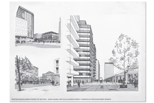 Proposed redevelopment perspective sketches - Queen Square, Fort Place & Hobson Terrace.