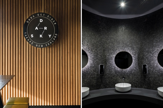 "“The idea behind the circular forms [was to] echo the celestial bodies," says designer Aaron Richardson; bathroom mosaic walls with backlit round mirrors emulate eclipses. 