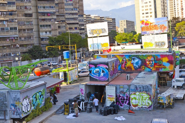 Lab.Pro.Fab used recycled shipping containers to transform this abandoned area into a multi-use public space in Venezuela. 