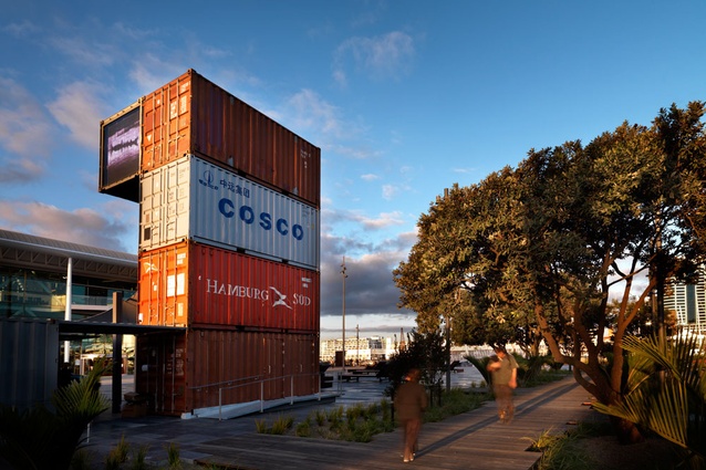 Karanga Plaza's boardwalk and information pavilion constructed from shipping containers.