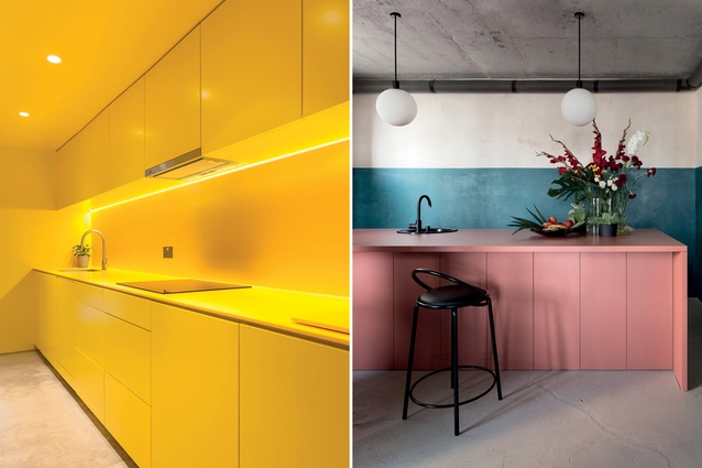 Architects Russian for Fish has injected bright yellow into this basement kitchen in London to make it brighter, and to complement the ochre tones of the concrete floor; Minsk workplace by Studio 11.