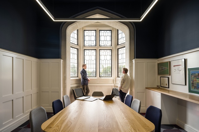 The office of the headmaster occupies the projecting bay with oriel window to the east of the main entrance.