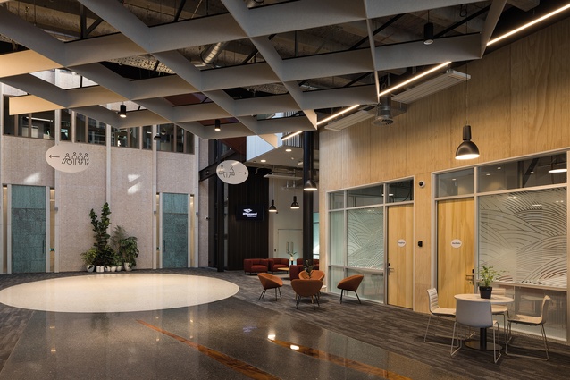 A circle on the atrium floor represents a place to come together in peace.