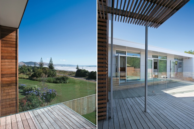 Looking from the front deck to Cape Kidnappers; the bedroom wing, next to the pool on the western side. 