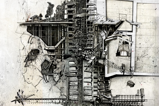 Jonathan Morrish, Tūrangawaewae | A Place to Stand, 2021. Ink on paper, architectural notations, digital collage.