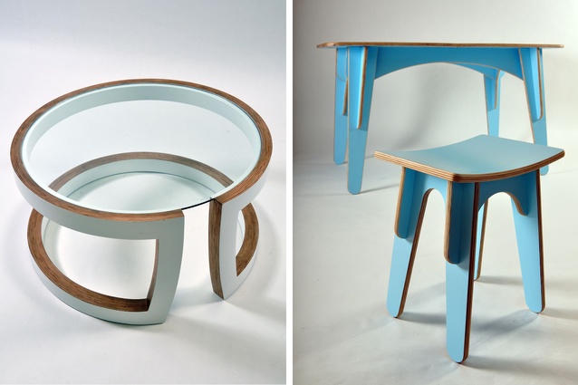 Short Circuit table and slot-together table and stools. 