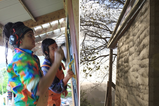 Clay based plastering and a rammed earth wall.
