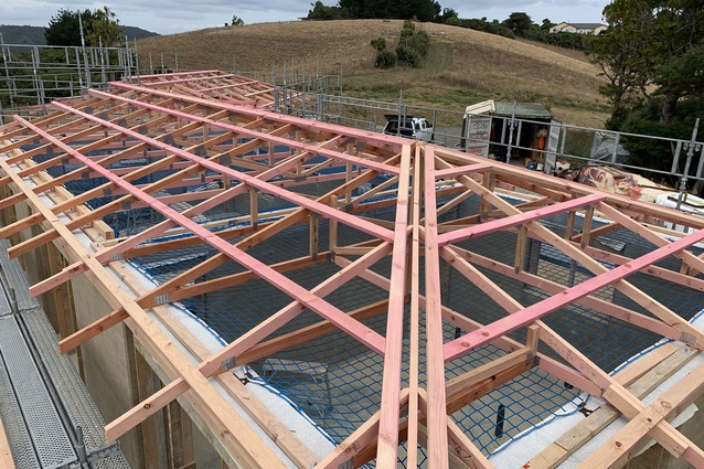 Roof framing goes on.