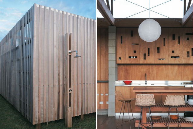 Cladding detail and outdoor shower. The building is clad in Western Red cedar; the kitchen joinery was designed by the detail-loving architects.