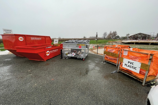 Eight waste-sorting streams were established on site for recycling and waste diversion at Te Āwhina Marae: untreated timber, steel, plasterboard, general waste, mixed recycling, coloured film, cardboard and PVC pipe. This achieved an admirable 48 per cent waste-diversion rate.