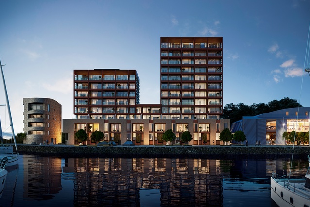 Catalina Bay Apartments after Stage 3 with street trees and the yet-to-be-commenced, high-end apartment block ‘The Yacht Club’ designed by Cheshire Architects, visible to the left.