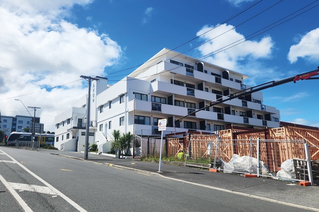 Development adjacent to the rail line, Avondale, Auckland.