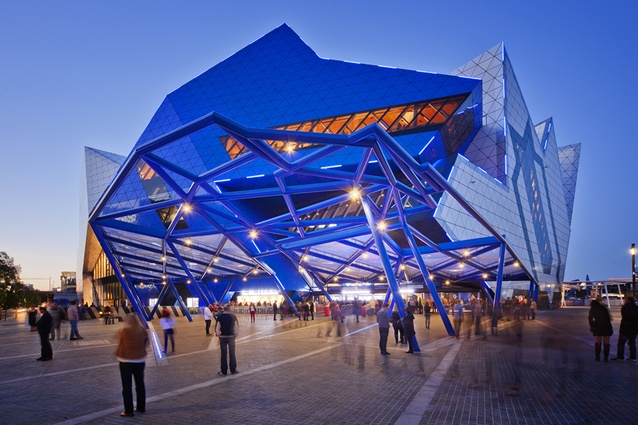 Perth Arena, opened in 2005. Built by ARM, it is a multi-functional arena with an asymmetrical, striking configuration.