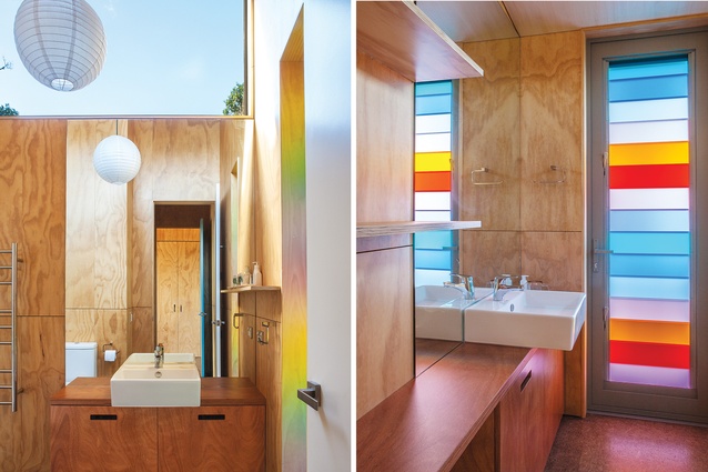 The contemporary aesthetic allows for full-height cabinetry and storage in the bedrooms and bathrooms; tinted lourve windows add colour to the interior. 