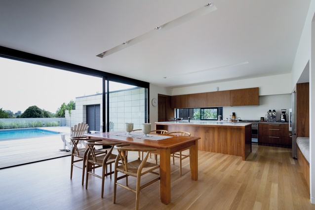 Arran Road Residence: A contemporary rural look is created in the kitchen of this home. Timber is used to create warmth and softness.