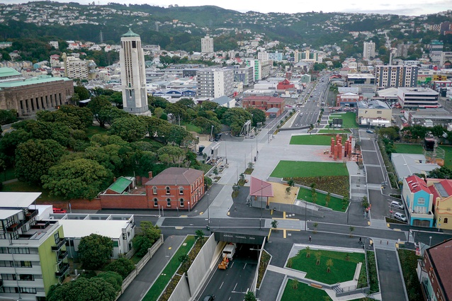 An overview of Pukeahu National War Memorial Park and the Arras Tunnel.