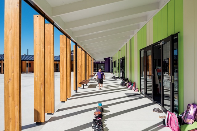 The north-facing verandah provides shading from the sun, and a covered outdoor learning environment and play space for the children.