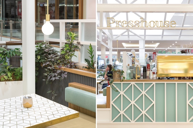 Located in malls across Auckland, Presshouse coffee outlets, under the creative direction of Kelly Rowe, feature tranquil frontages with golden detailing.