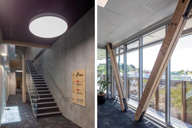 Left: The interior laneway joins Bridge Street and Wakatu Lane, showing CLT stairs and the CLT floor above. Right: The timber cross brace on the second floor.