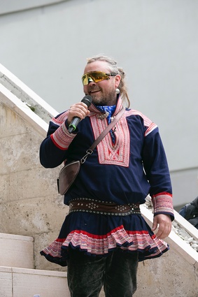 Joar Nango and Girjegumpi’s collaborators at the inauguration of ‘Girjegumpi_The Sámi Architecture Library’ by Joar Nango and collaborators at the Nordic Countries Pavilion.