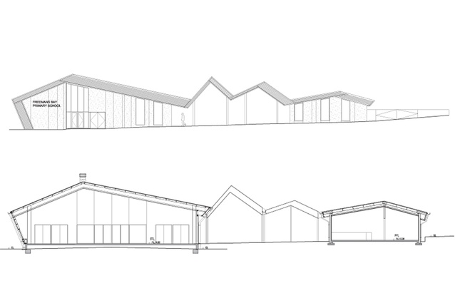 Elevation – hall and administration (top) and cross-section – hall and administration (bottom).