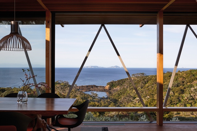 Metal struts that hold up the battened eyebrow are a built metaphor, which architect Nicky Herbst likens to looking through the branches of a pohutukawa.