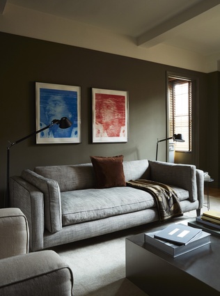 The apartment is furnished and painted in a masculine palette of greens and greys.