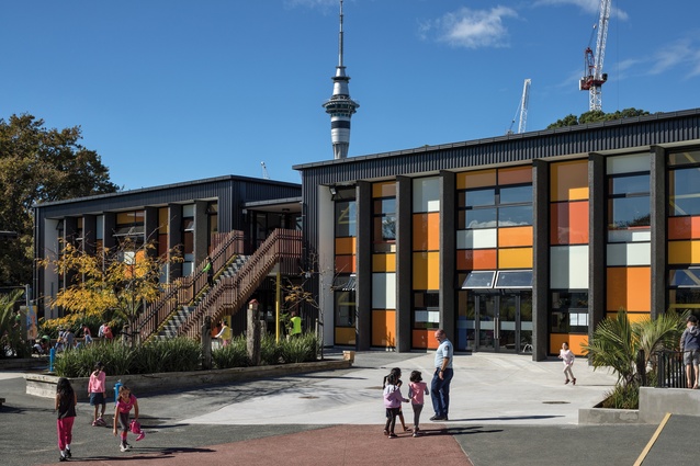 The school’s pupils were involved in developing the colour schemes for the building façades.