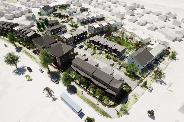 Aerial view showing the mix of housing typologies, shared spaces and pedestrian connections across the three superlots. 