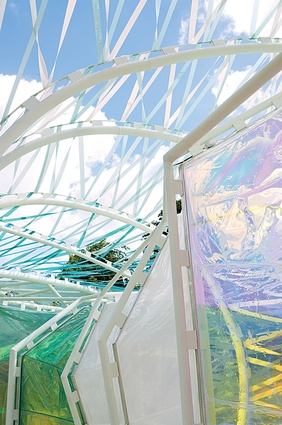 The translucent ETFE skin has clear, coloured and mirrored finishes. 
