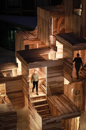 Landmark Project MultiPly is a modular pavilion with multiple levels and entries or exits. Designed by Waugh Thistleton Architects, with engineering by Arup, and built from a reusable cross-laminated timber (CLT) made of 60m<sup>3</sup> of sustainable American tulipwood.