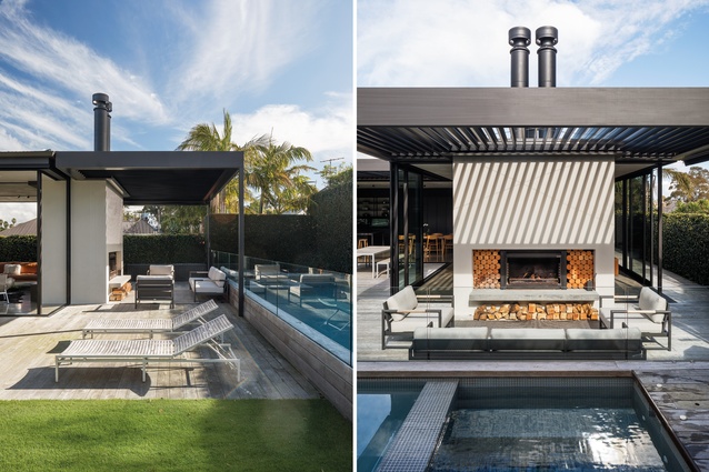 The back-to-back fireplaces service both indoor and outdoor pavilion spaces, while the sliding three-metre-wide sectional doors slot neatly out of sight between them.