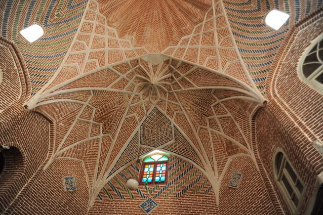 Detail of the brick-lined vaulted ceiling within the Tabriz Bazaar.