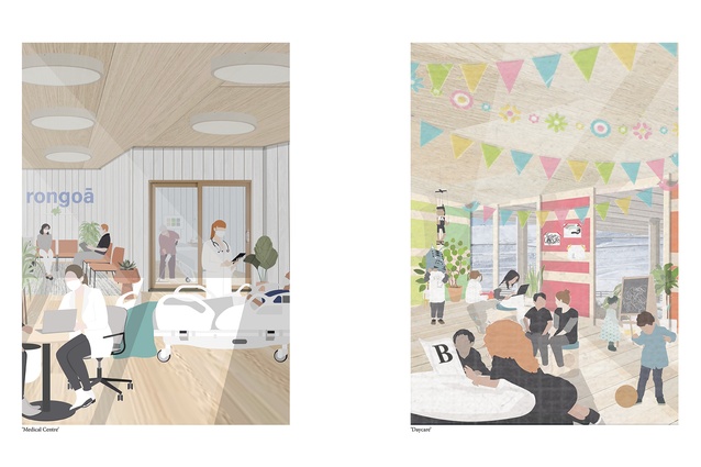 Thesis visualisations created through collage as a methodology similar to weaving. Medical Centre and Daycare.