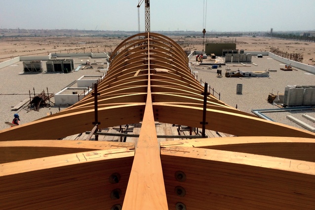 Glulam beams manufactured by TimberLab form the entrance canopy of the Royal Maternity Hospital, Bahrain.