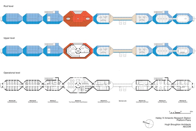 Platform plans for Halley VI Antarctic Research Station by Hugh Broughton Architects and AECOM. For a cost of GBP25.855 million, bedrooms, laboratories, office areas and energy centres are housed in 152m<sup>2</sup> standard blue modules. A special, two-storeyed central module provides a social space.