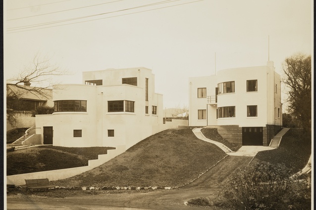 Designed by Miller & White (1936–1937), the M.V. Lousley and Professor Richard Lawson residences on Heriot Row and Pitt Street, Dunedin. Dalziel Architects records.