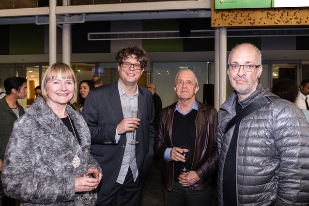 Opening night of AW2016. Lindley Naismith (NZIA Auckland branch chair), Stuart Harrison (keynote speaker), Michael Thomson (NZIA Auckland branch treasurer) and Andrew Barrie.