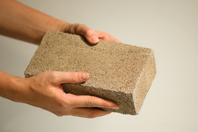 A bio-brick composed of bacteria, calcium chloride and urine dispersed over dry sand.