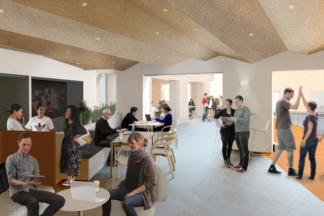 Interior render of the Rehua building, Uni of Canterbury, under construction by Athfields Architects. One of the many different types of informal student learning spaces in the building.