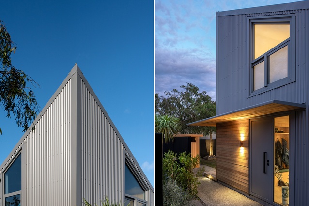 The roofline soars up in one corner; the exterior is clad in steel with cedar accents.