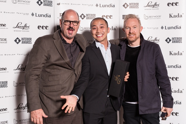 Enjoying the evening: Andrew Patterson, Daniel Zhu and Andrew Mitchell of Pattersons Associates, the winners of the Civic Award at the 2015 Interior Awards.